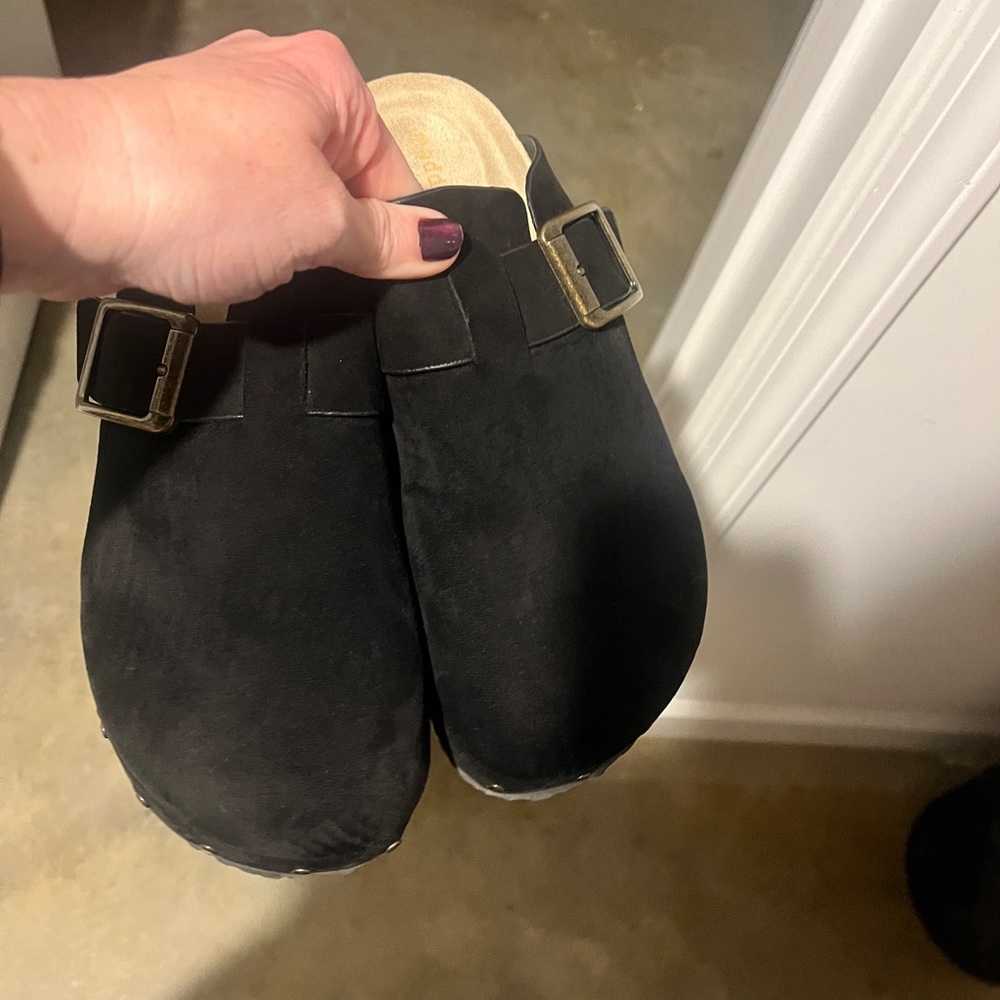 Black Suede Clogs with Buckle